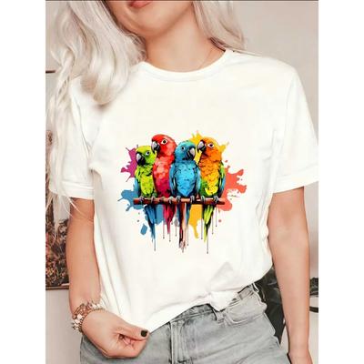 T-shirt da Donna Oversize a Maniche Corte con Stampa Acquerello di Pappagalli Colorati