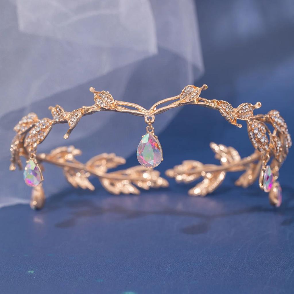 Nuovo Vintage Corona Foglie Goccia Pendente Tiara Cerchietto Matrimonio Strass Festa Principessa Elfo Acconciatura Gioielli