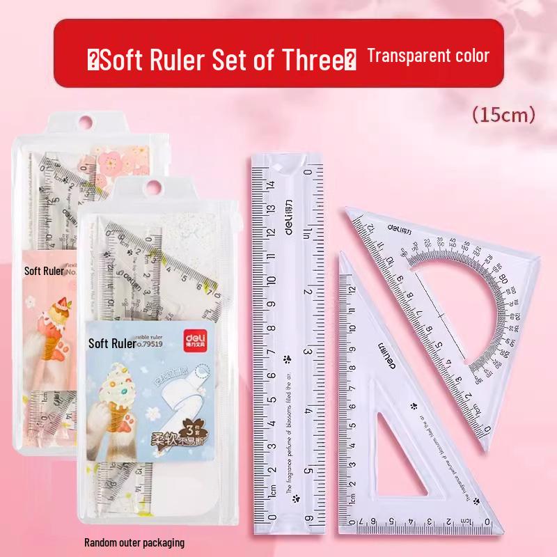 Deli 4-Piece Soft Ruler Set: 20cm Wavy Line, Straight Ruler, Protractor, 15cm Triangle for Primary Students. Soft Ruler