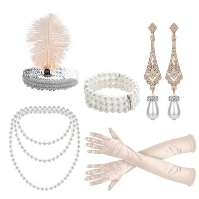 1920s Flapper Cosplay Accessories Feathered Headband Necklace Earring Gloves Bracelets for Women Prom Wedding Masquerade