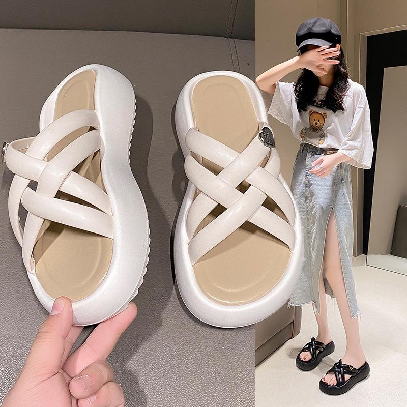 Platform Slippers Women's Summer New Round Head One-word Drag Wear Cross Beach Cool Slippers