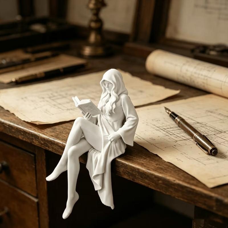 Reading Girl Statue Decors, Hooded Theme 3D Print Figurine for Desk Display, Bookcase , Nightstand Ornament, Small Home Decoration