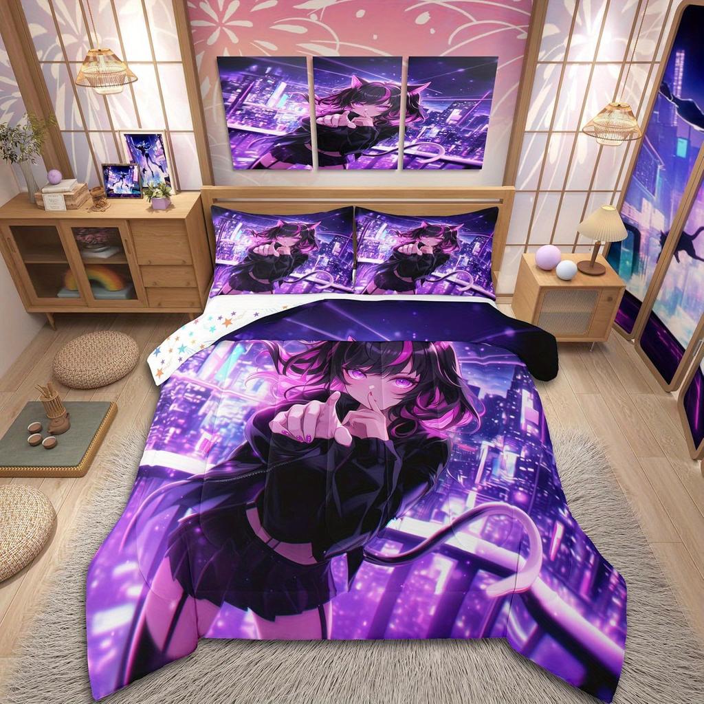 Erosebridal 3/2-teiliges Anime-Bettwäscheset, Japanisches Anime-Bettdeckenset, Cartoon-Bettdeckeninlett für Teenager-Schlafzimmerdekor, Kawaii Japanes