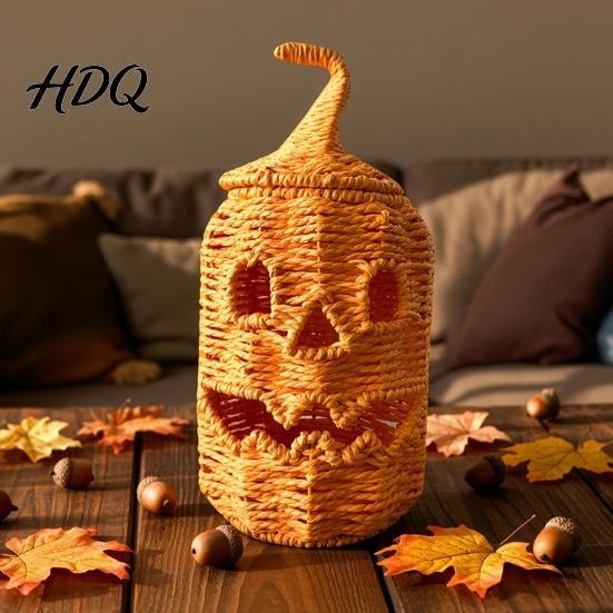 Festive Indoor Lighting Handwoven Halloween Pumpkin Basket, Spooky Candy Storage Basket with Lid, Vintage Wicker Fall Table Centerpiece Light