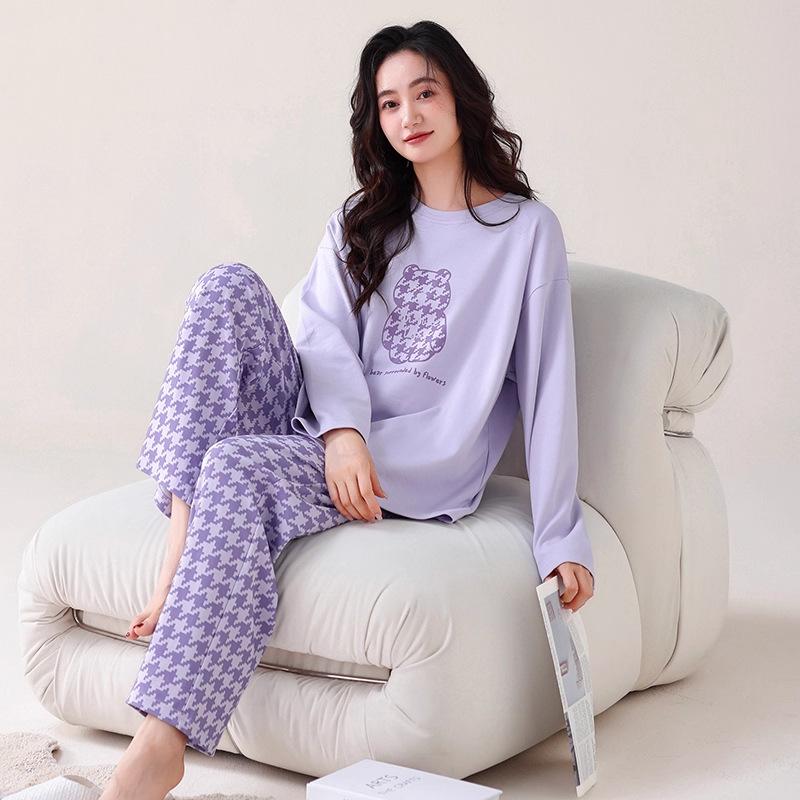 Women's pajamas spring and autumn long-sleeved trousers pure cotton two-piece suit, girls can wear cotton loungewear in autumn and winter