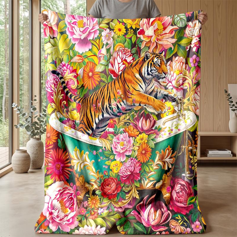 Tiger In Floral Bathtub 3 Theme Blanket Lightweight Warm Flannel Blanket Decorative Throw Blanket for Home Decoration