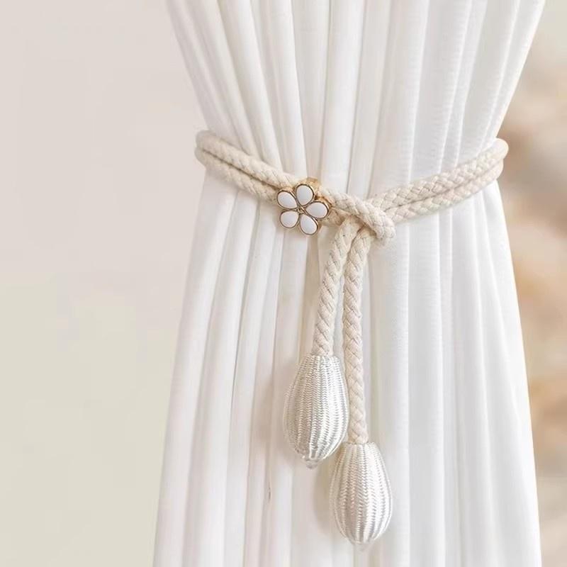 2Pcs Curtain Ties With Flower Buckles - Adjustable, No Drilling Cord Fixers For Elegant Home Decoration, Curtain Accessories