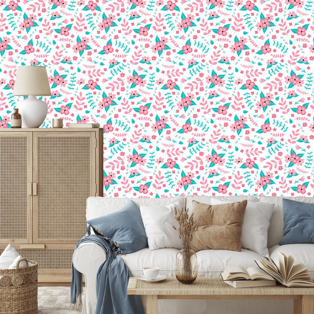 Wallpaper Flowers White, Powder Pink and Celadon for Living Room and Bedroom 50x1000
