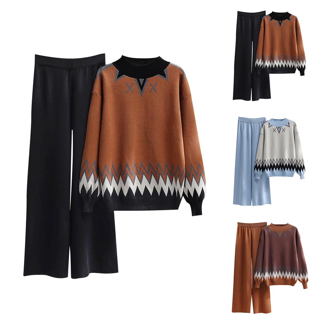 Women's Temperament Two-piece Knitted Suit Loose Sweater Wide Leg Pants