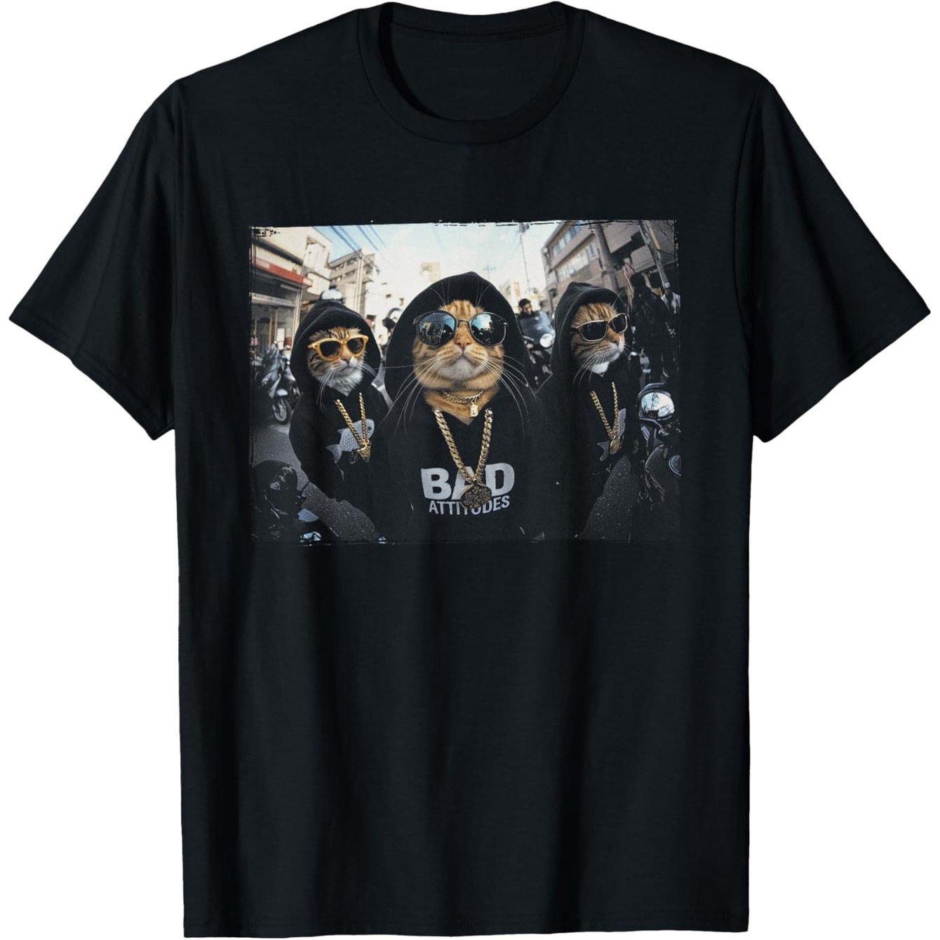 Gangster Cool Cats Bad Attitudes Graphic T Shirt Hip Hop Street Animal Print Cat Lover Unisex Loose Casual Short Sleeve Tops S