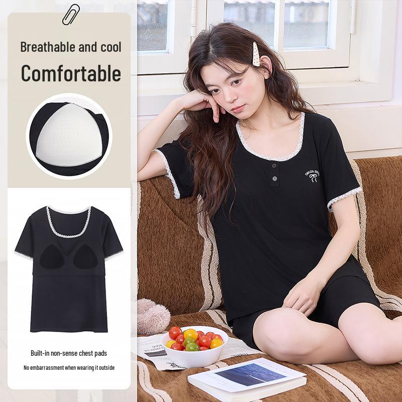 Ice Silk Ribbed Women's Sleepwear Set with Chest Pads – Short Sleeve & Shorts, Casual Wear, Indoor/Outdoor Comfort