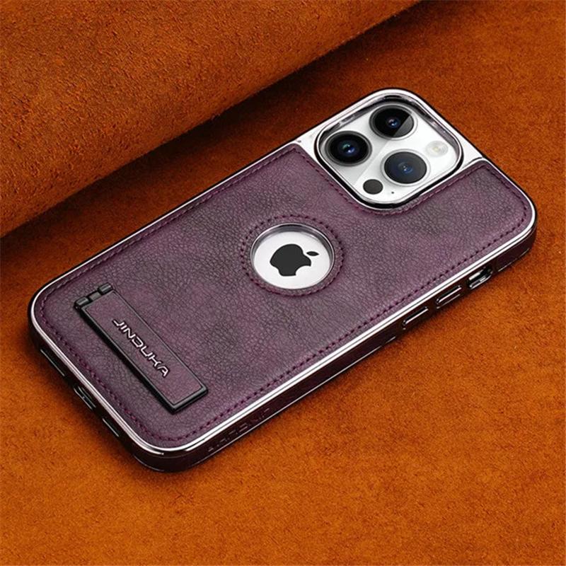 Coque de téléphone avec pare-chocs plaqué, cuir, support pliable, pour iPhone 16 15 11 12 13 14 Pro Max Plus, étui fin avec support métallique