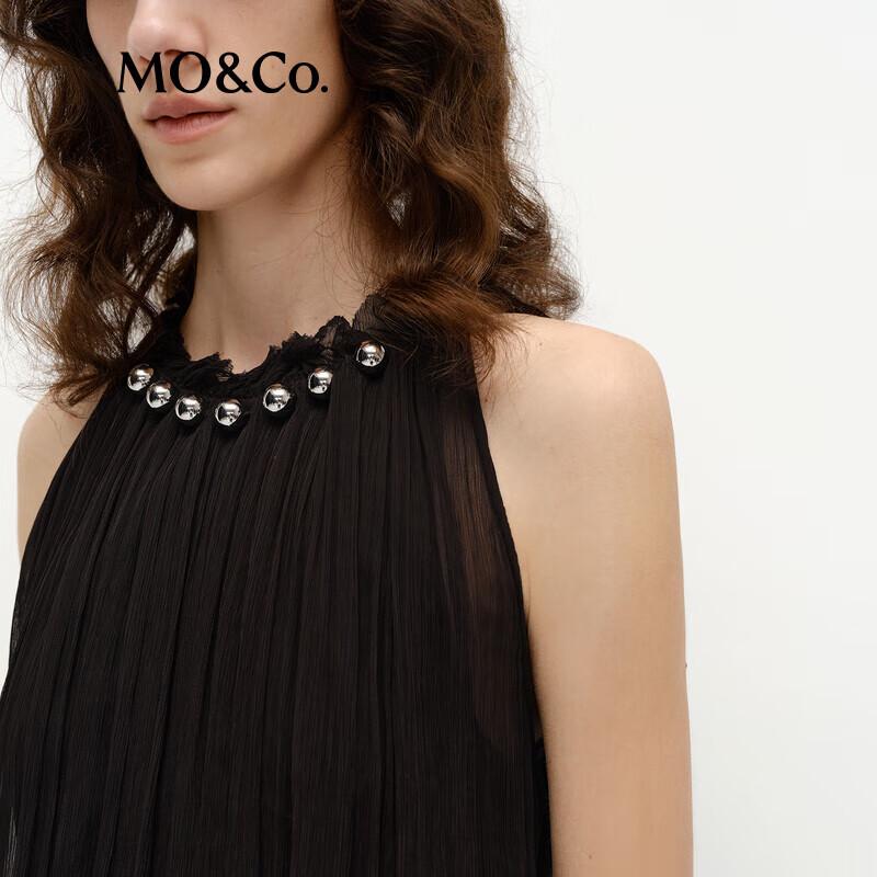 MO&Co. French-Inspired Cut-Out Shoulder Silver Bead Sheer Maxi Dress with Belt