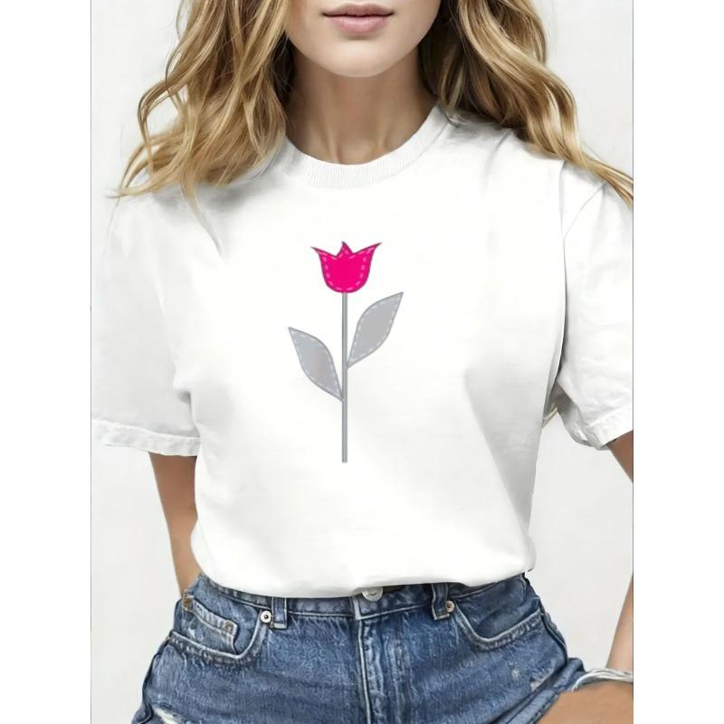 Women's Pink Tulip Graphic Gray Leaves Stem Print Crew Neck T-Shirt White Background Minimalist Casual Top