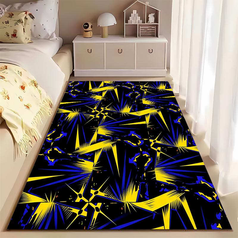 Modern Abstract Carpet with Yellow and Blue Geometric Starburst Pattern Suitable for use as an anti-slip for living room bedroom sofas