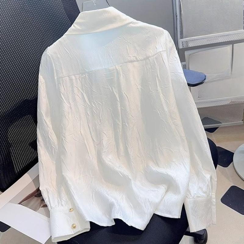 Women's Bow Shirt French Style Loose Turndown Collar Single Breasted Solid Color Ladies Blouse Spring Leisure Fashionable Famale Long Sleeved Top