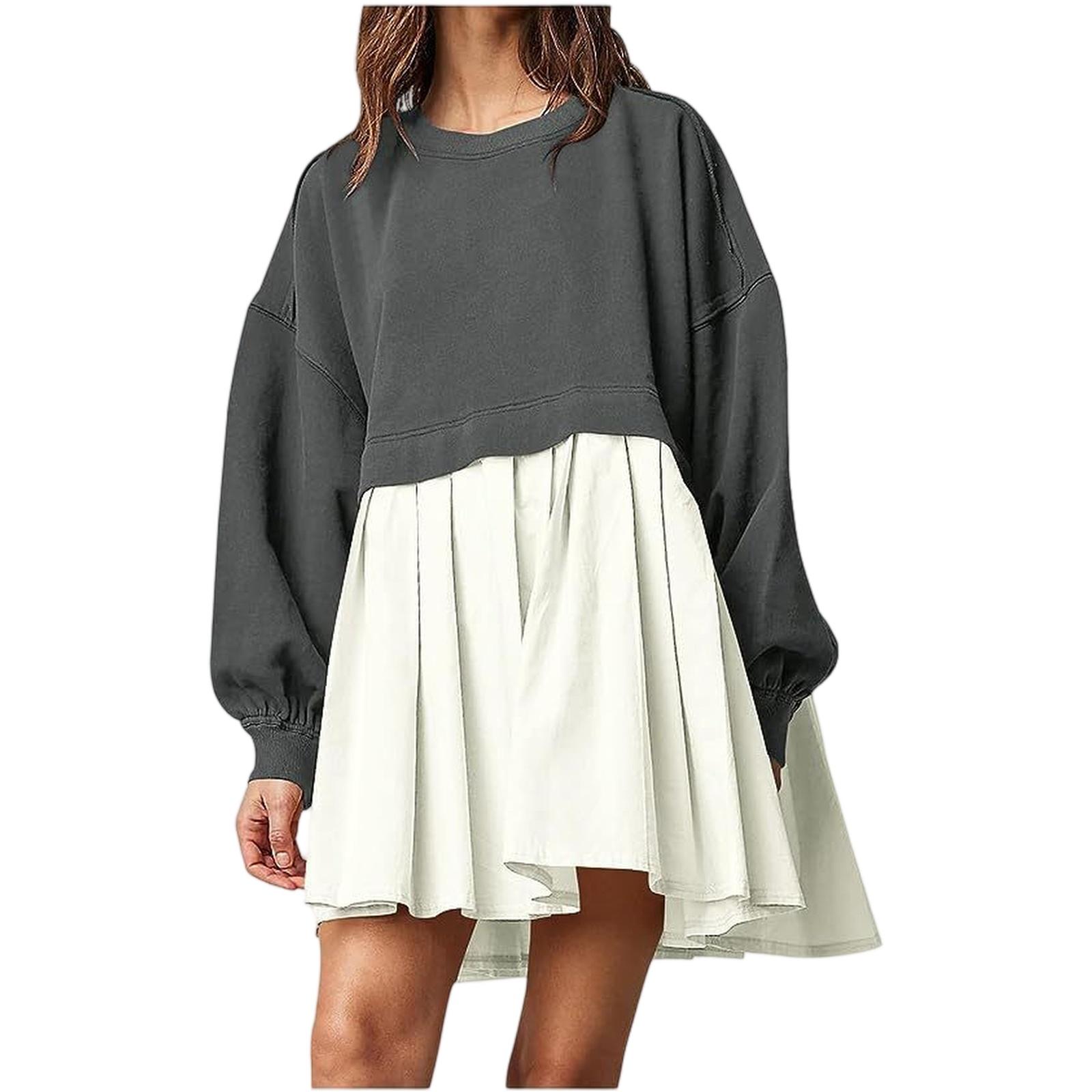 Women s Color Block Pleated Sweatshirt Dress Casual Loose Fit Two Piece M