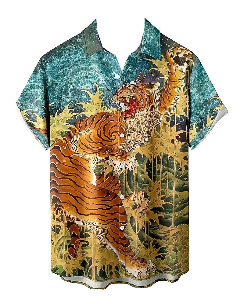 Tiger Print Aloha Short Flashy Summer Hawaiian Plus Size [syatu032-L] Shirt, Sleeve, Yakuza/Yankee Style, Outfit, Festival/Fireworks, Men's Fashion,