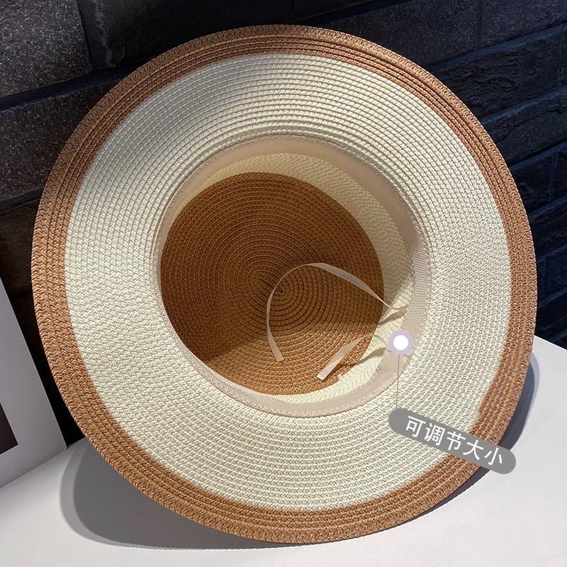 Niche Chic Flat Top Straw Hat Women's Summer Versatile Big Brim Sun Hat British Retro M Standard Top Hat