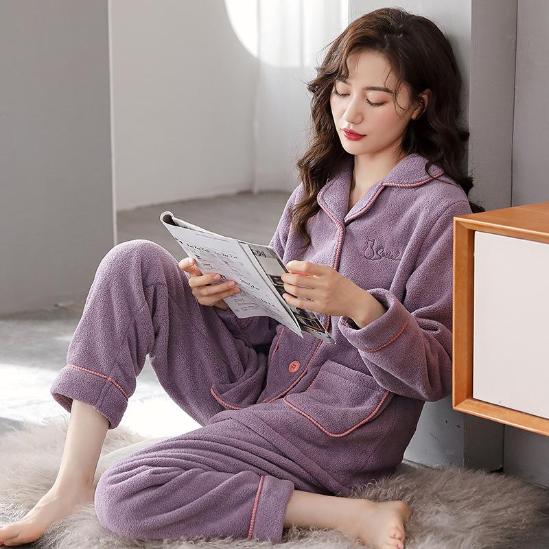 Pajamas Women'S Winter Coral Fleece Thickened Fleece Simple Autumn And Winter Homewear Large Size Flannel Warm Set