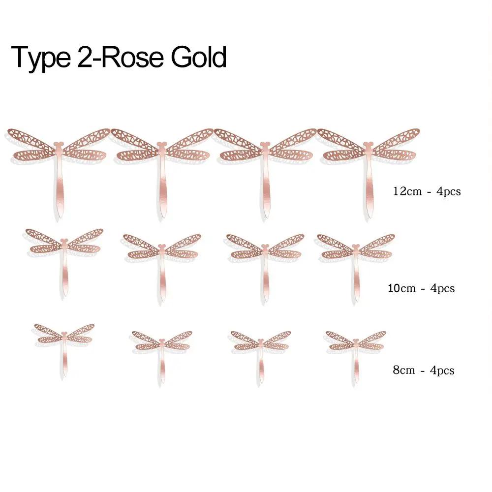 12PCS Gold Silver Rosegold Home Decoration Gardening Ornament Metal Texture Hollow Dragonflies 3D Dragonfly Stickers Wall Decals