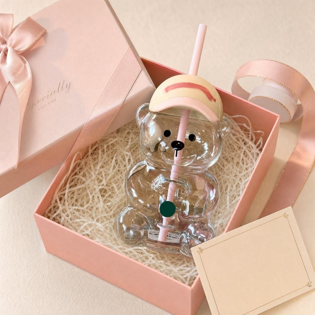 Borosilicate Glass Straw Cup with Bear Design - Reusable Drinking Glass for and Tea