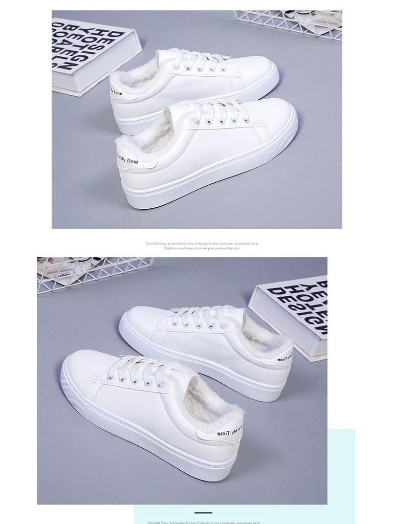Women's Fleece-Lined White Winter Sneakers, 2025 Korean Style Casual Flats.