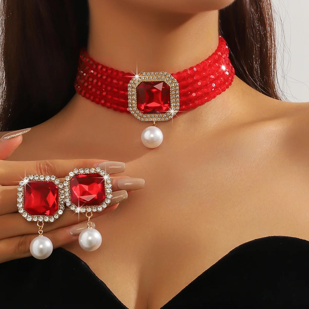 Vintage Multilayer Green Red Blue Black Crystal Necklace Geometric Square Zircon Earrings For Women Weddings Banquet Zircon Sets