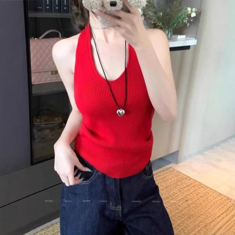 Girly-style Solid-colour Knitted Halter Neck Tank Top for Women A Stylish Retro Summer Top with A Flattering Back Design That Slims The Figure
