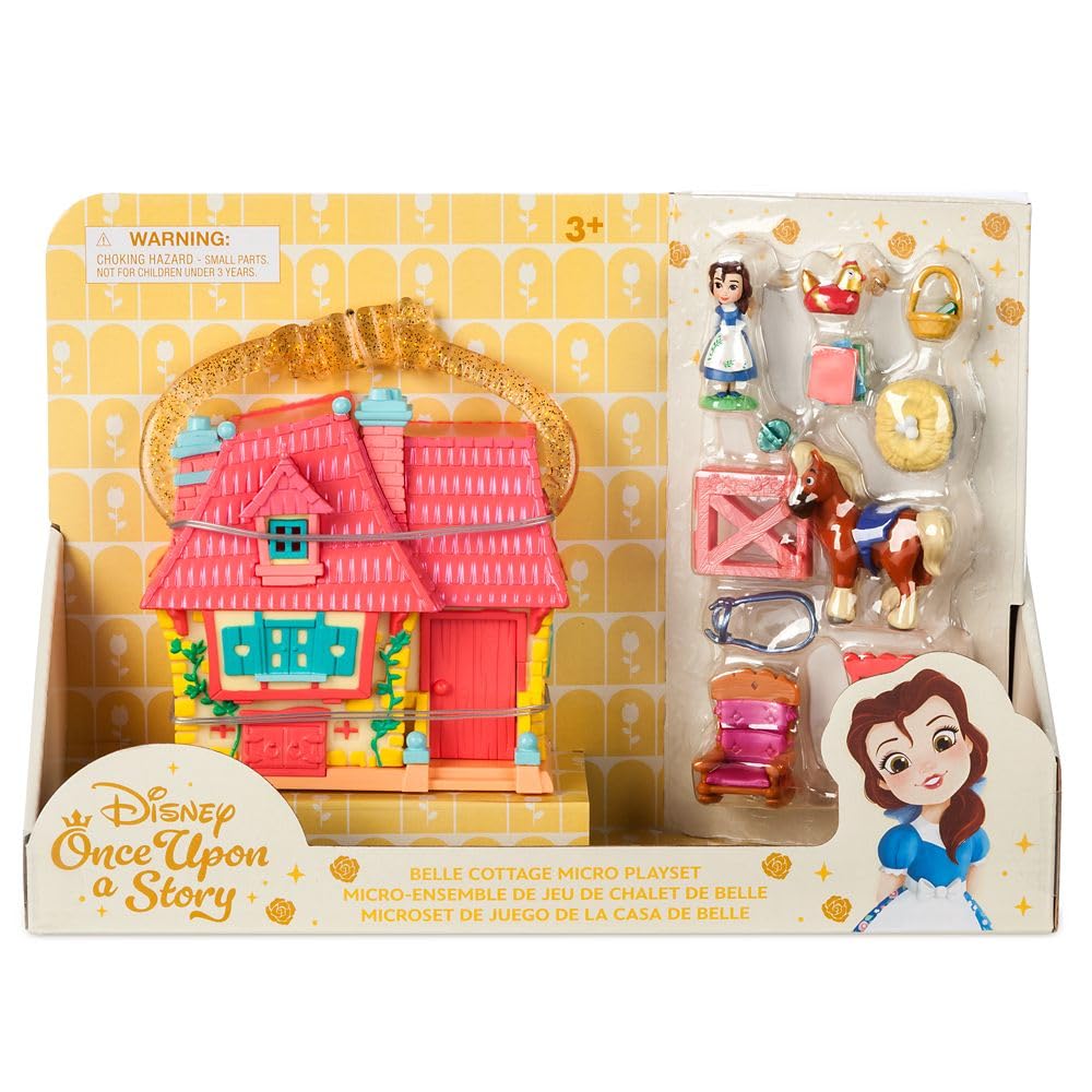 Official Disney Store Belle Cottage Micro Micro Toy Belle and Philip Micro Portable Travel Toy Playset with Travel Toy with Surprise Playset, Set,