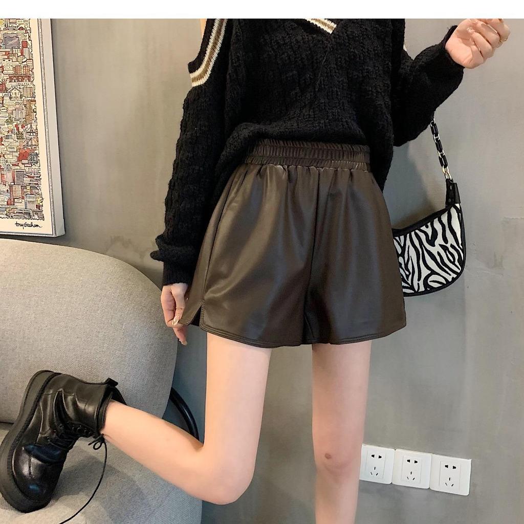 Women's PU Leather High-Waist Loose Wide-Leg Shorts, Slimming Autumn/Winter 2024, Plus Size Fashion Boot Pants