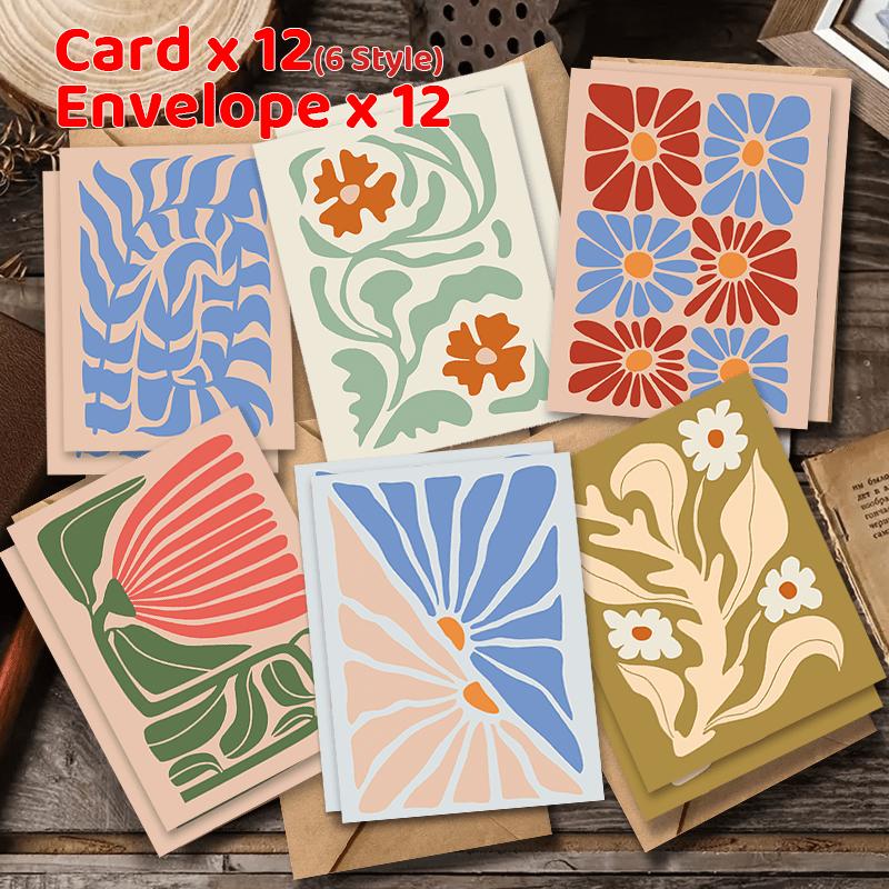 12pcs/set Assorted Modern Folk Art Greeting Cards with Envelopes – Versatile Cards for Weddings, Thank Yous & Congratulations