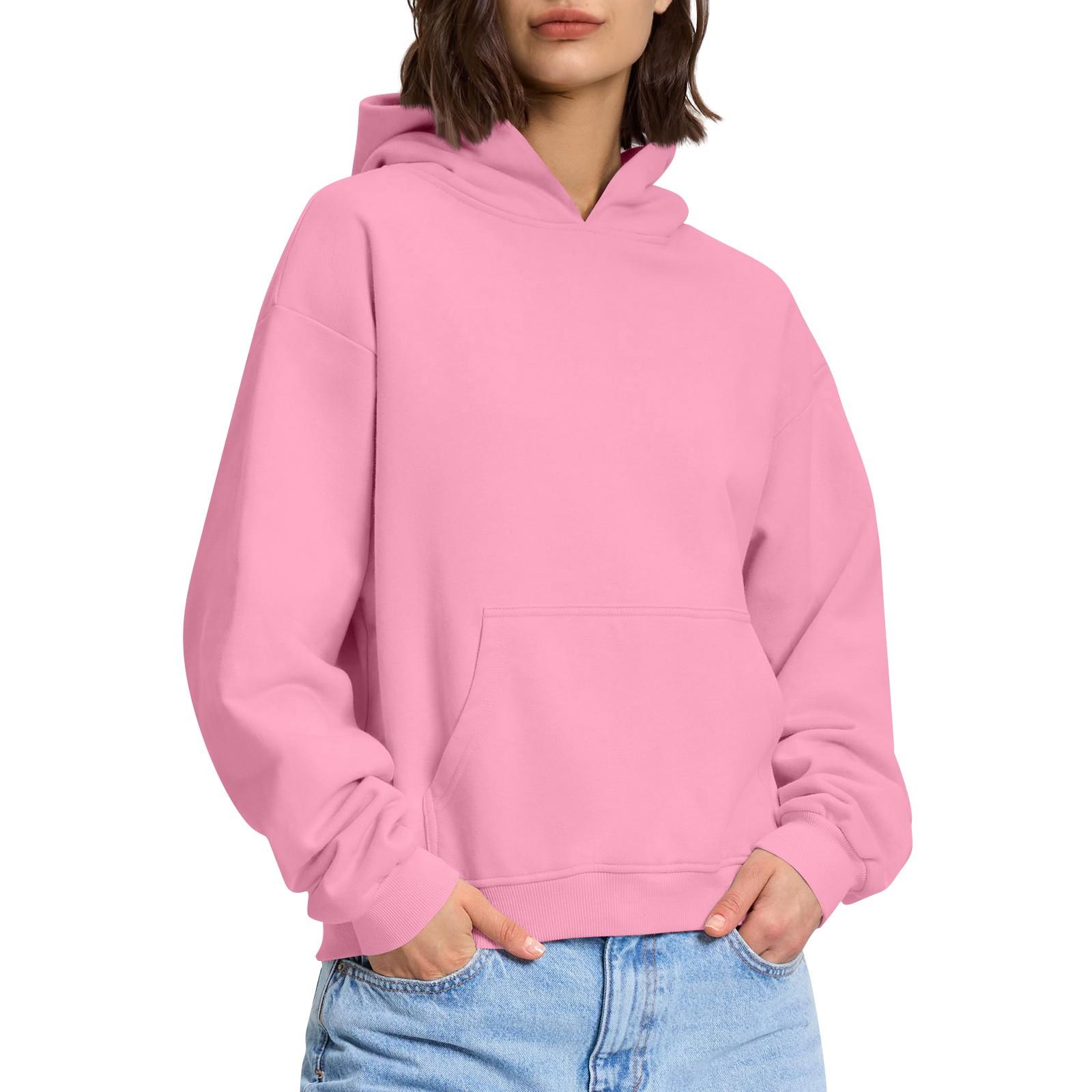 

Женская модная повседневная толстовка с длинными рукавами и круглым вырезом с капюшоном, однотонная толстовка с прошитой нитью XL розовый