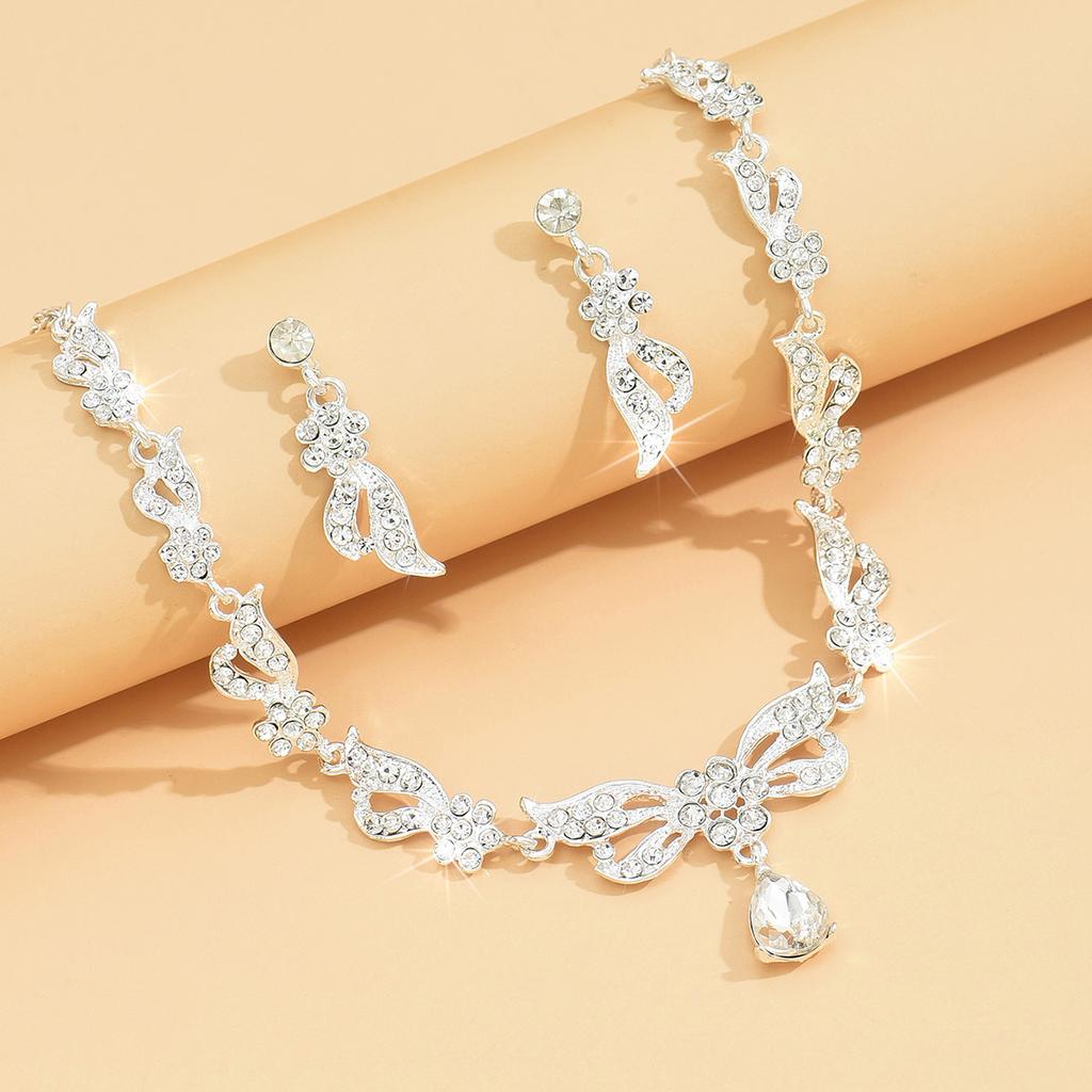 3 pieces of women's trendy bow, water drop earrings, necklace, Zircon set, wedding, banquet, party, and holiday gifts