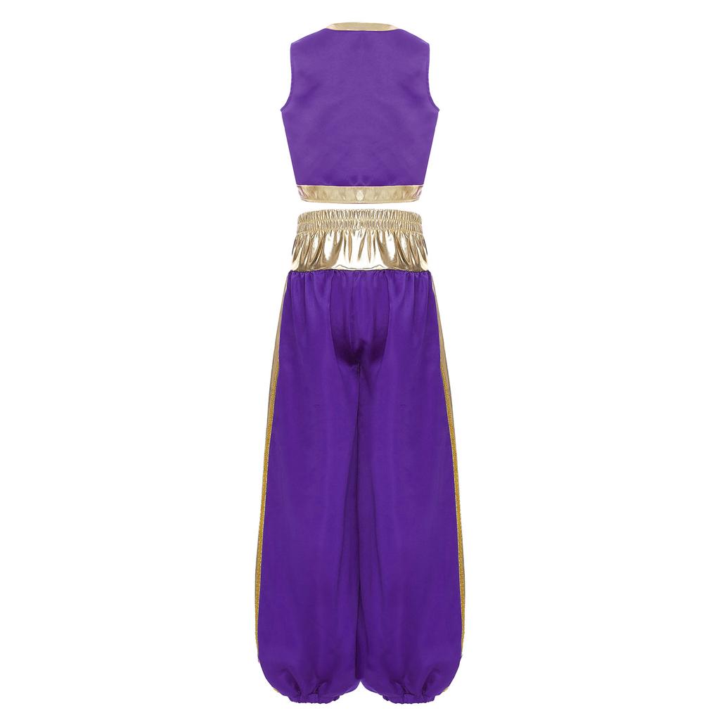 Jungen Arabischer Prinz Cosplay Kostüm Lockere Weste Metallisch Glänzend Patchwork Bloomers Haremshose Set