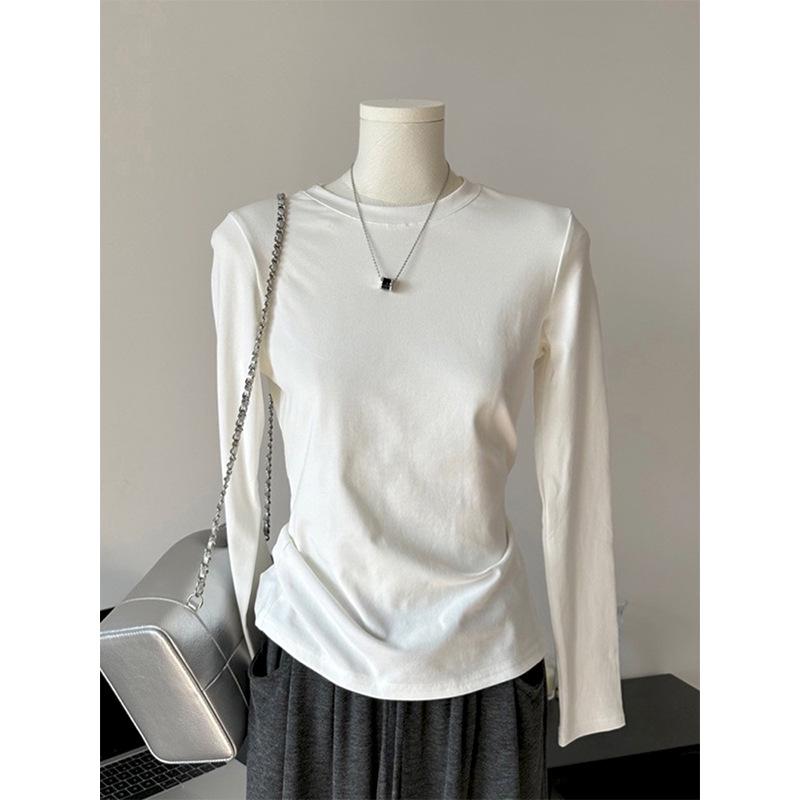 Women's Slim Fit Long-Sleeve T-Shirt, Solid Color, Ins Style, Brushed Fabric with Velvet Lining, Ideal Base Layer for All Seasons.