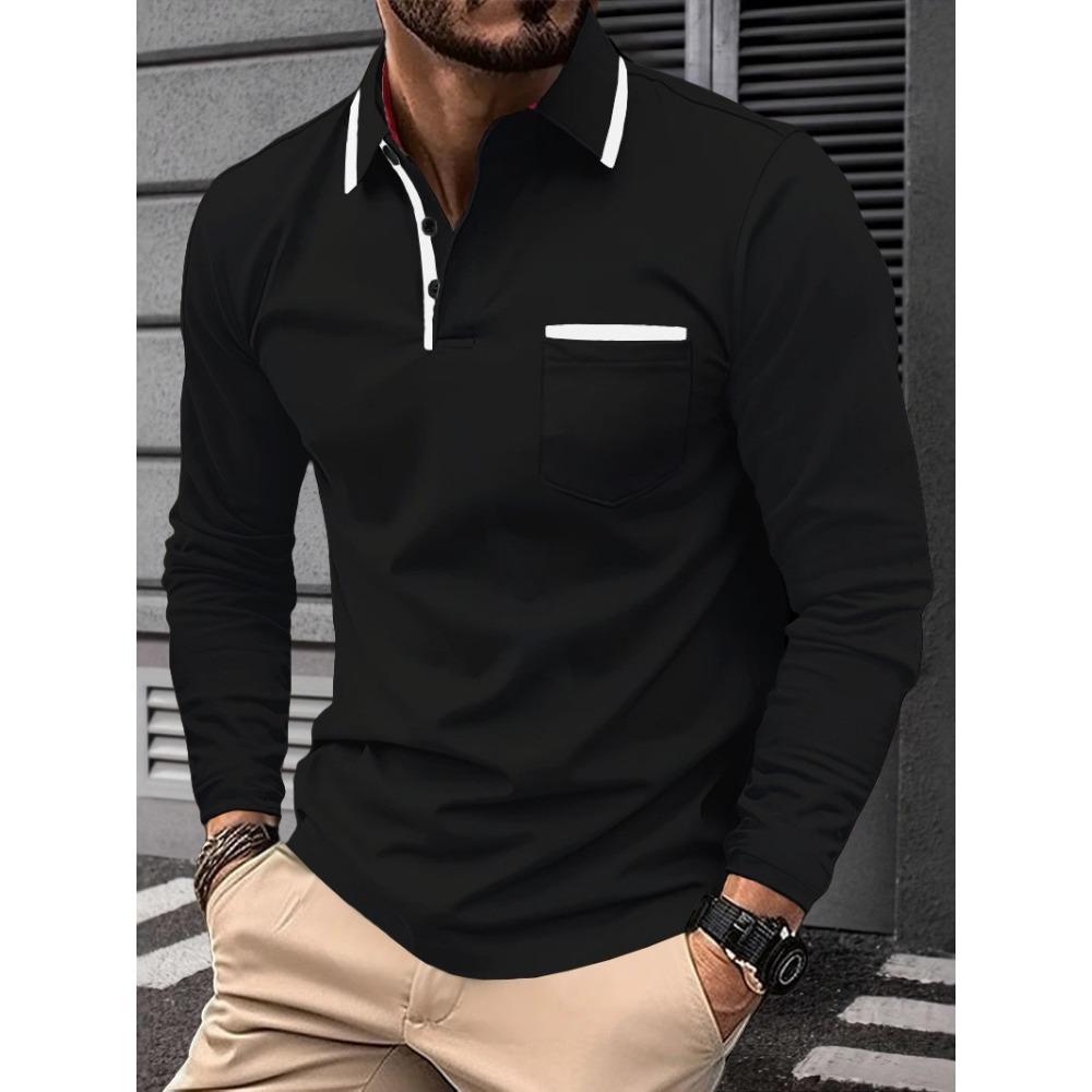 Men's new cross-border fashion lapel collage button men's casual sports long sleeved polo shirt