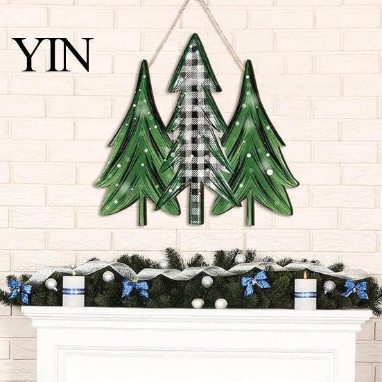Christmas Tree Wall Decoration 2D Wooden Welcome Hanging Sign, Cartoon Santa Snowman Xmas Party Decor Door Hanger with Rope, Porch Front Holiday