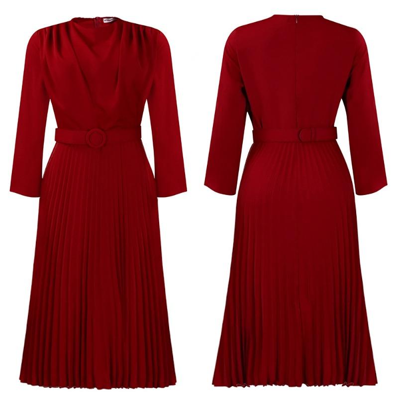 Women Elegant Solid Color High Waist Pleated Office Plus Size A Line Midi Dress