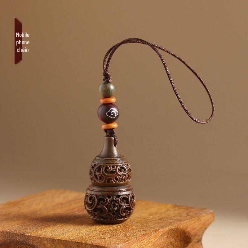 Green Sandalwood & Titanium Alloy Gourd Keychain Pendant - Unisex Year of the Rabbit Ornament Sachet