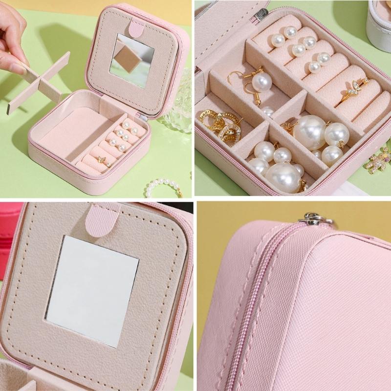 Portable Jewelry Organizer Box with Mirror Unique Leathers Jewelry Box for Women Girls Ring Necklace Earrings Easy Use