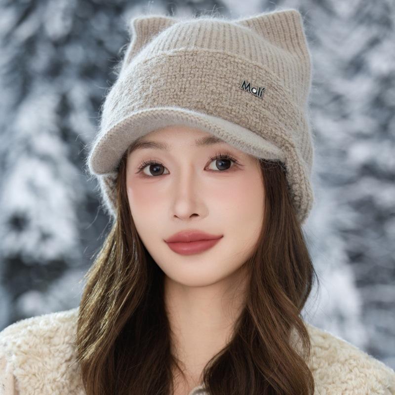 Winter Cat Ear Warm Hat Women's Velvet Thickened Cold-proof Wool Hat Windproof Ear Protection Knitted Hat