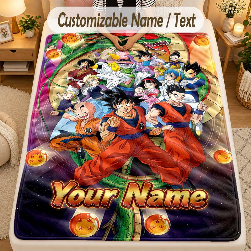 Flannel BlanketDragon Ball Custom Name Text Personalized Soft Warm Throw Blanket Home Decor Gift