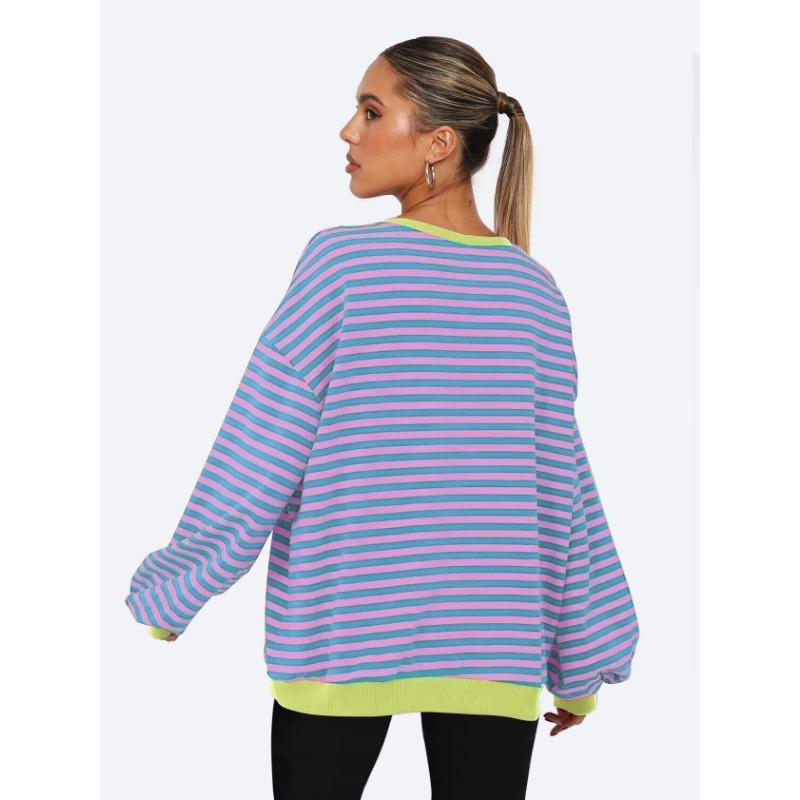 Dámská mikina s kulatým výstřihem a pruhy, volný top s lucernovými rukávy