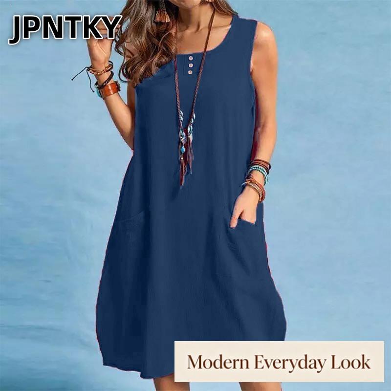 JPNTKY Fashion Summer Spring Solid Color Print Sleeveless O-Neck Casual Dresses