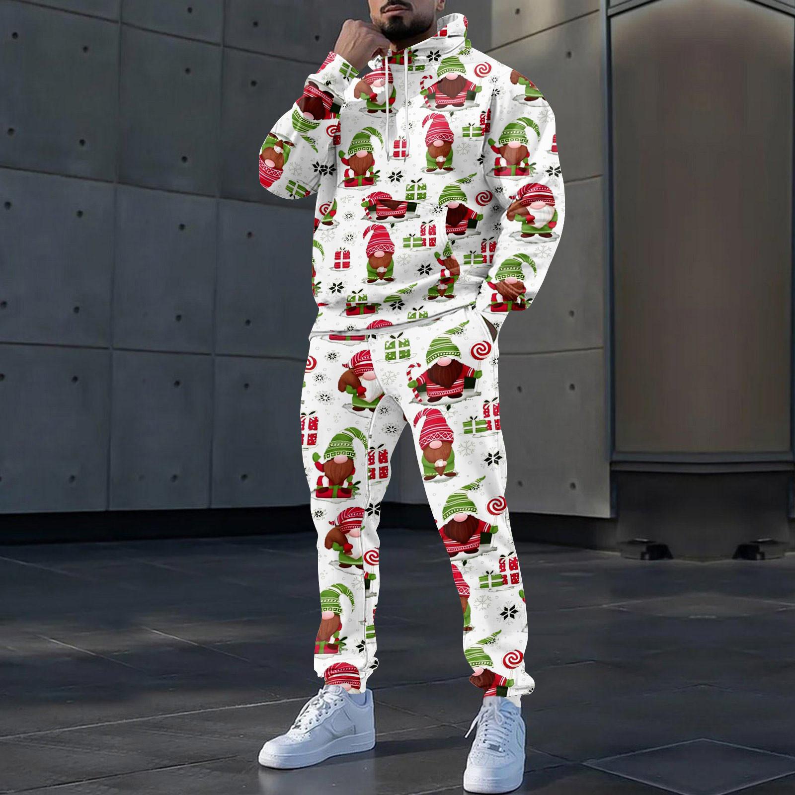 

Мужские зимние рождественские принты с длинным рукавом толстовки с капюшоном толстовка брюки костюм XL белый