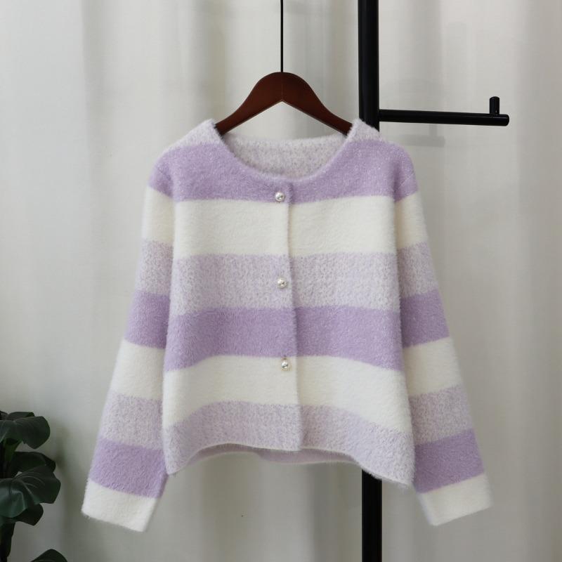 Milk soft waxy imitation mink velvet knitted cardigan women's autumn and winter new loose rainbow striped sweater jacket