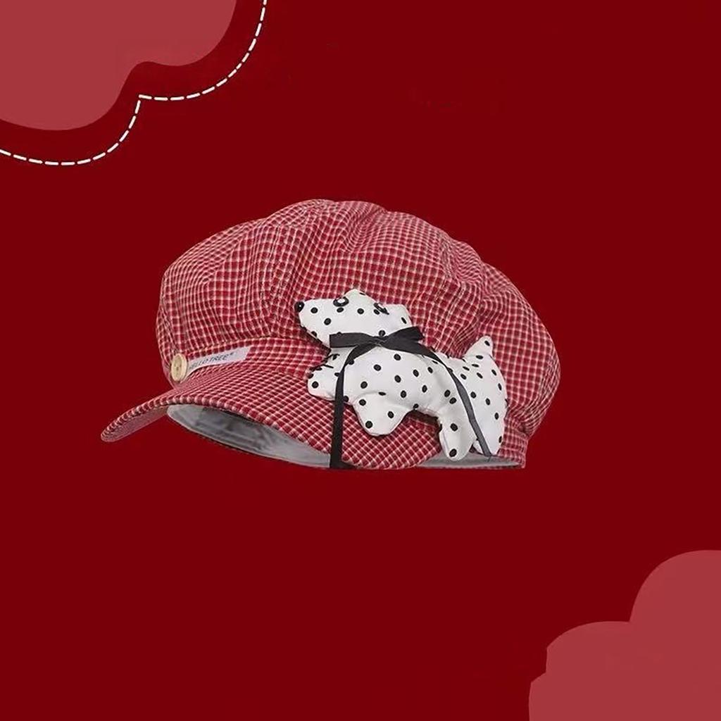 Women Plaid Octagonal Beret Hat Cute Dot Puppy Newsboy Cap Spring Autumn Girl Casual Sunshade Caps
