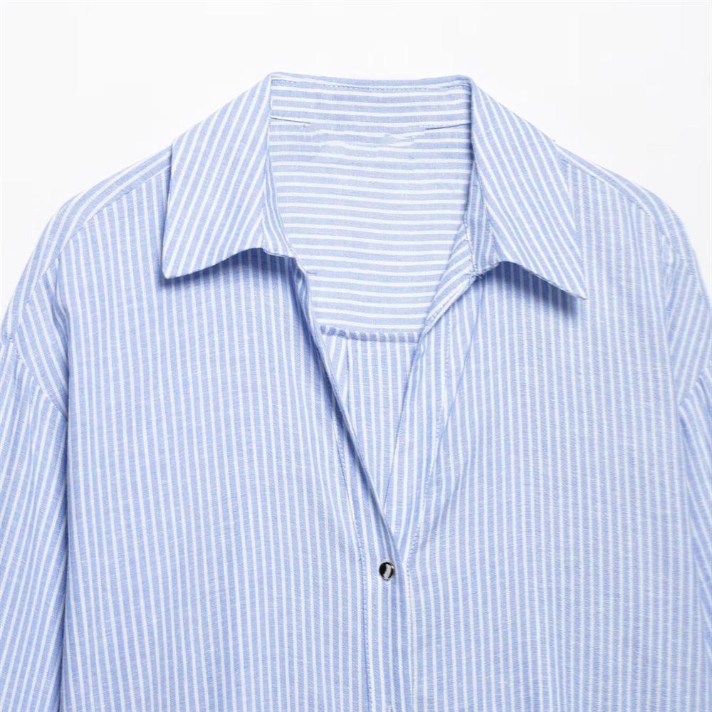 2025 Spring/Summer Women's Striped Long-Sleeve Turn-Down Collar Shirt