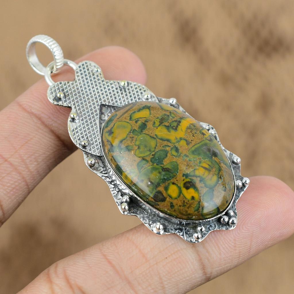 Birthday Gift For Her Natural Rainforest Jasper Gemstone Pendant 925 Silver